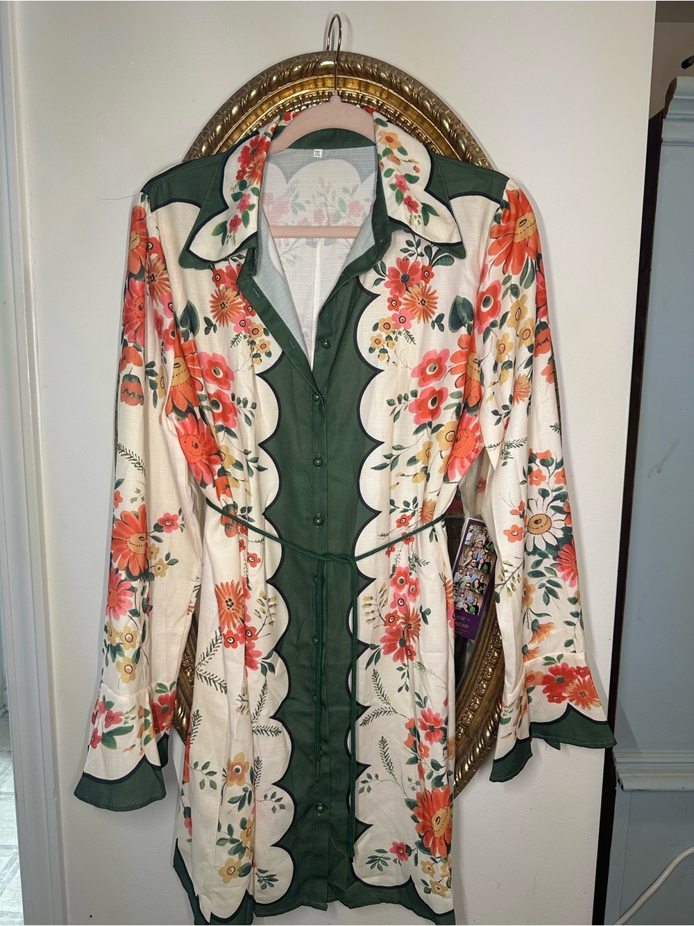 Floral Scalloped Button-Front Tunic Top - Green & Cream